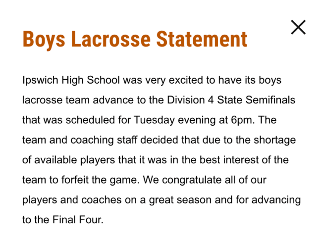 Ipswich lacrosse forfeit statement