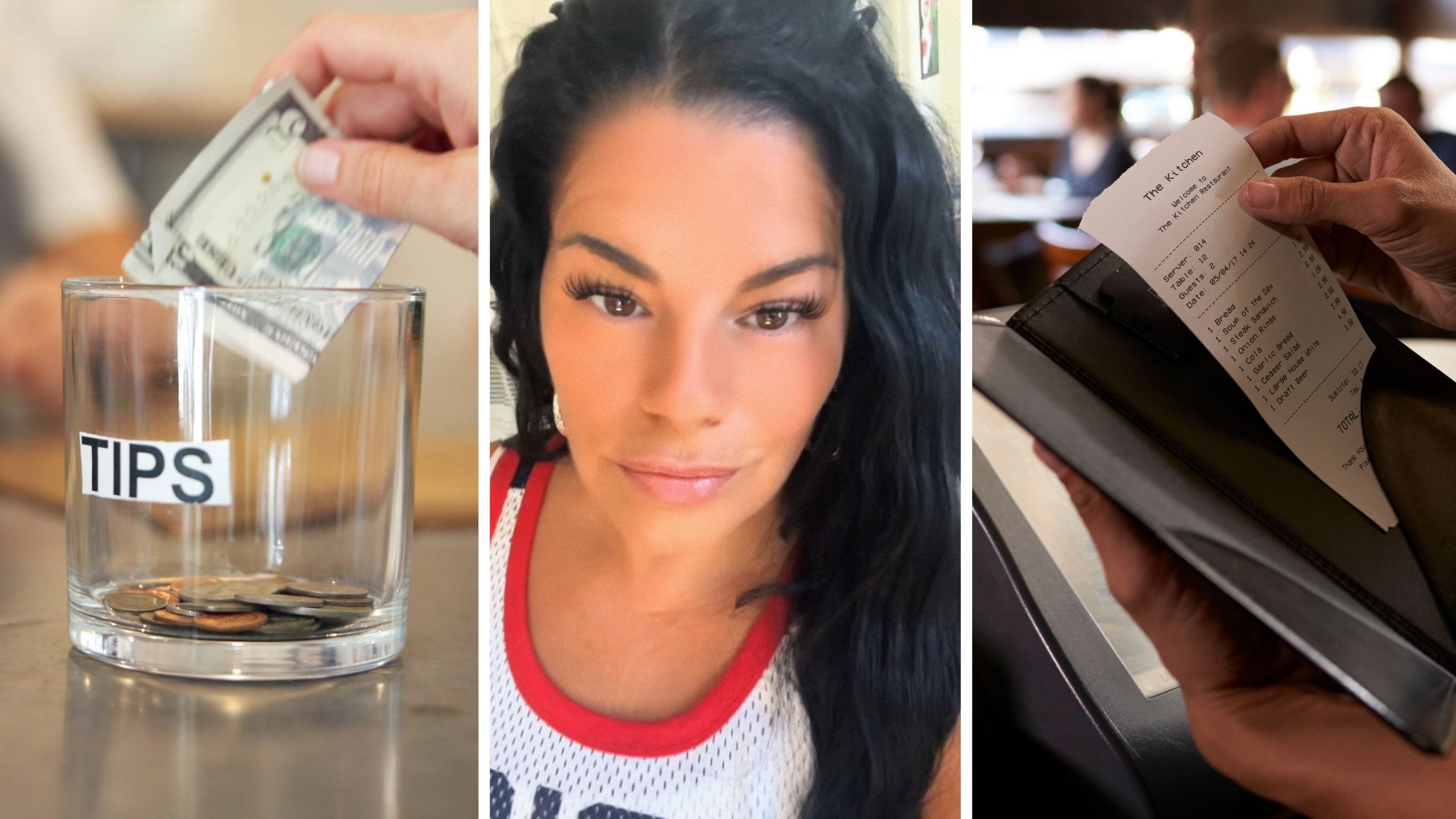 tip jar (l) woman warns restaurant customers against making this common mistake (c) restaurant bill (r)