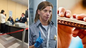 man crossing TSA (l) TSA officer (c) man holding a harmonica (r)