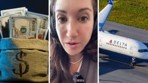 thousands of dollars (l) woman shares Delta issue (c) Delta airlines (r)