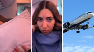 plane pillow (l) woman shares flight accessories (c) delta air bus (r)