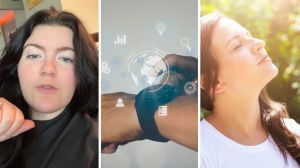 woman shares that she feels like she jumped timelines (l) clock time traveling (c) woman smelling the air outside (r)