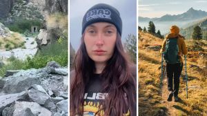 a door in the middle of no where (l) woman shares hiking encounter (c) woman goes hiking (r)
