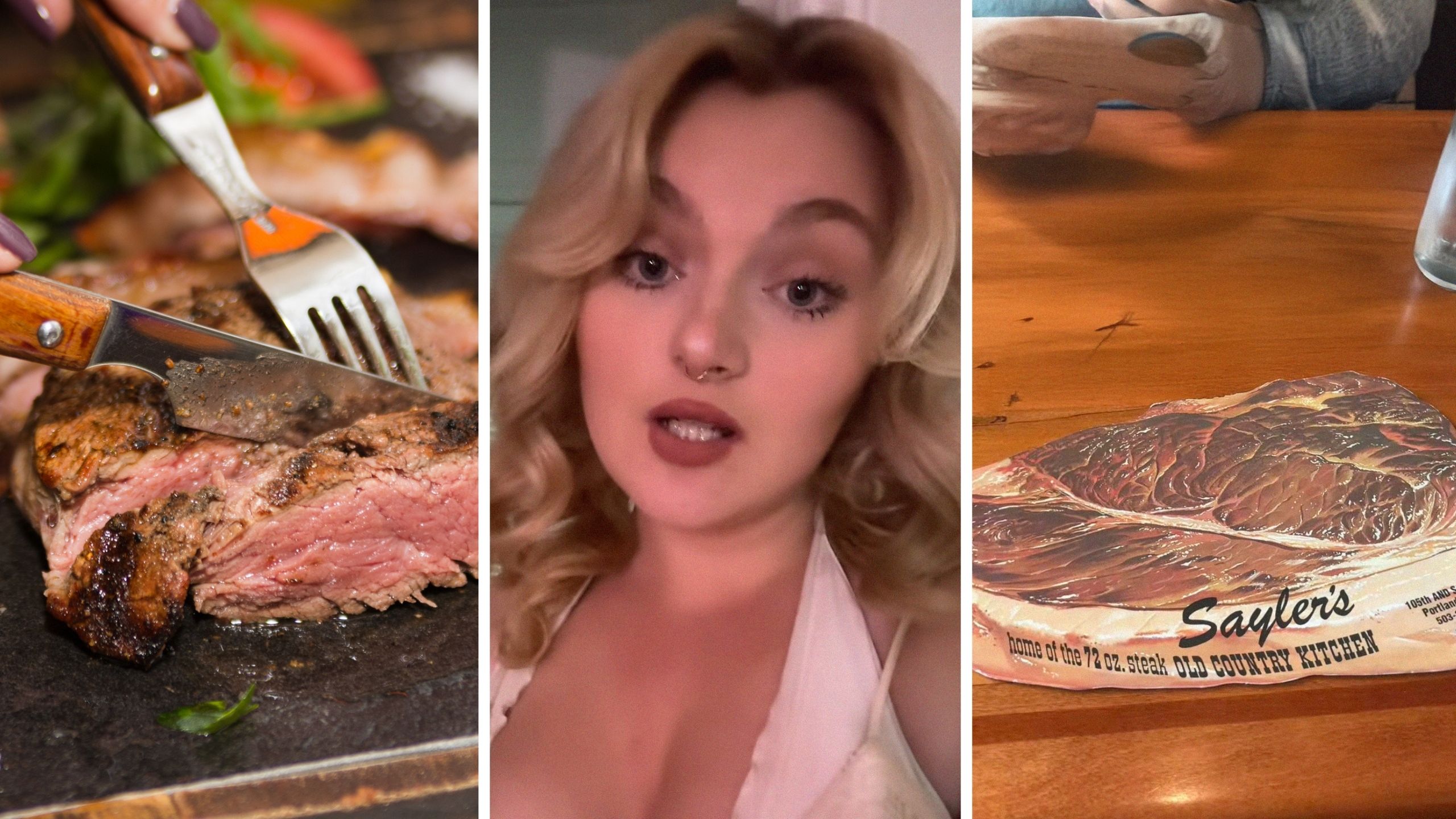 cutting into steak (l) woman shares steakhouse steak challenge (c) Sayler's steakhouse menu (r)