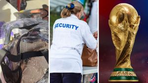 clear bag filled with personal items (l) security check (c) FIFA world cup (r)