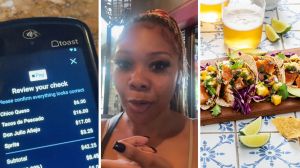 restaurant bill (l) woman shares taco tuesday issue (c) Fish tacos (r)
