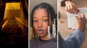 steps to basement (l) woman shares creepy story (c) woman signing divorce papers (r)