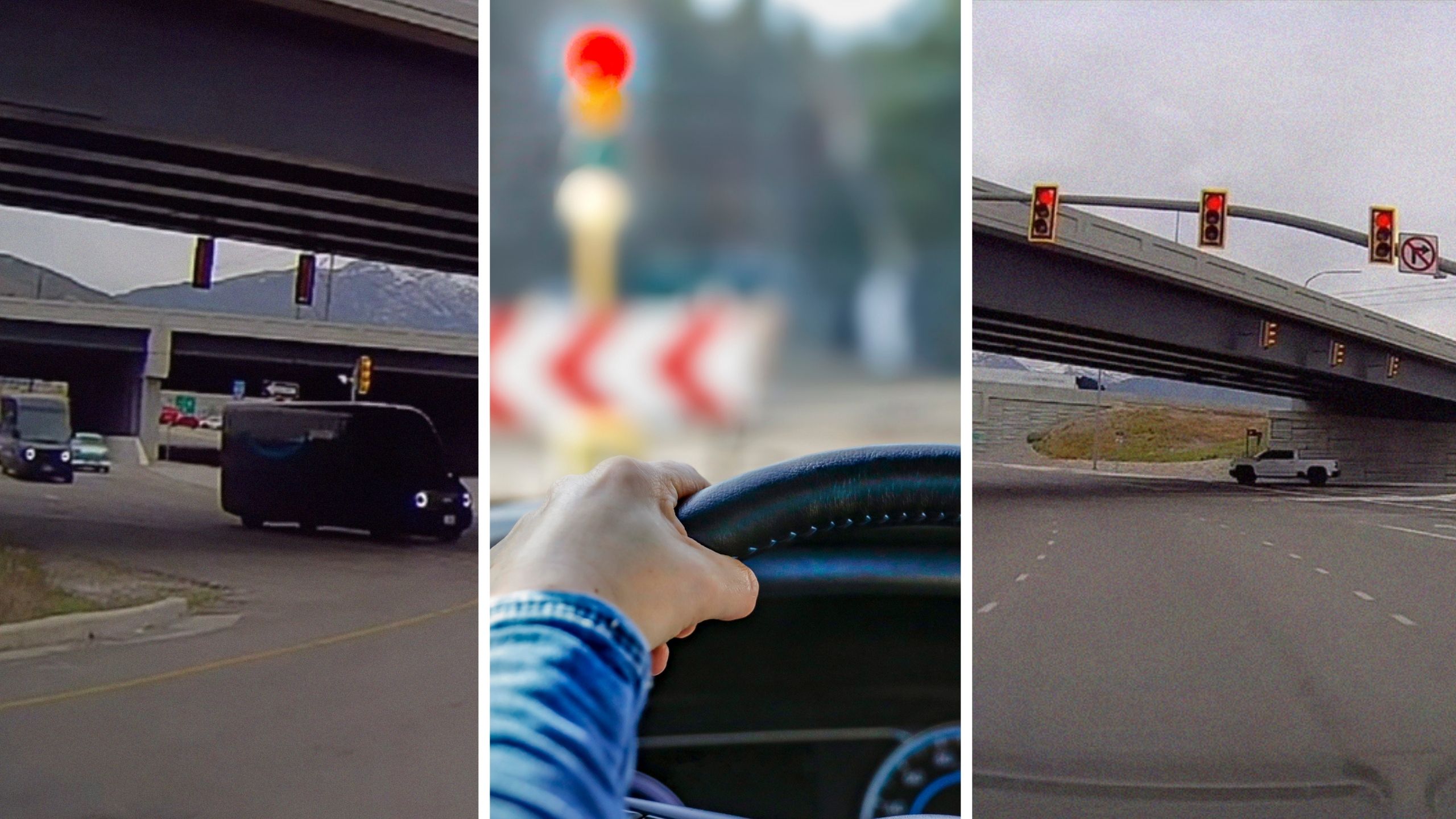 cars on highway (l) person stopped at red light (c) Traffic lights (r)