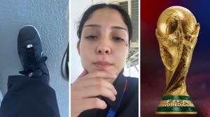 black shoes (l) woman shares working at stadium during world cup experience (c) FIFA world cup (r)