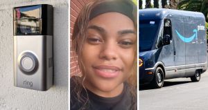 Ring camra (l) woman shares amazon driver issue (c) Amazon delivery truck (r)