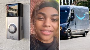 Ring camra (l) woman shares amazon driver issue (c) Amazon delivery truck (r)
