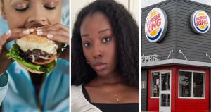 woman bites into burger (l) woman shares food issue (c) Burger King entrance (r)