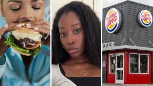 woman bites into burger (l) woman shares food issue (c) Burger King entrance (r)