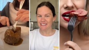 woman cutting her steak (l) woman shares dining alone experience (c) woman biting into her steak (r)