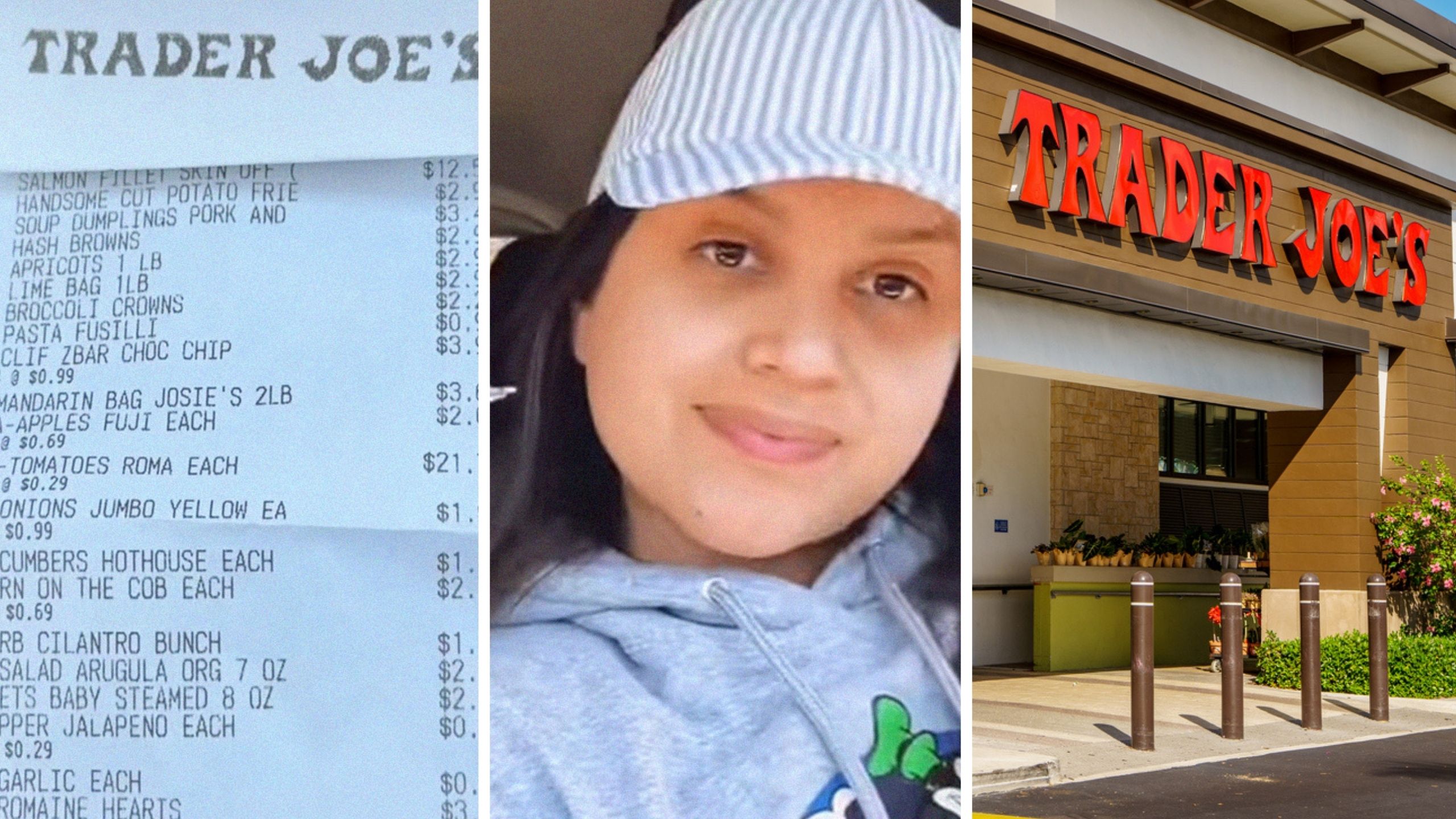 shopping receipt (l) woman shares Trader Joe's experience (c) Trader Joe's storefront (r)