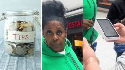 Woman Stops To Buy Something At Mall Booth. Then The Worker Pulls Out A Tipping Tablet