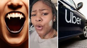Vampire teeth (l) woman shares New Orleans experience (c) Uber car (r)
