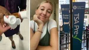 beauty liquids (l) woman shares airport experience (c) TSA area (r)