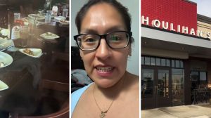 restaurant tables (l) woman shares restaurant observation (c) Houlihans entrance (r)