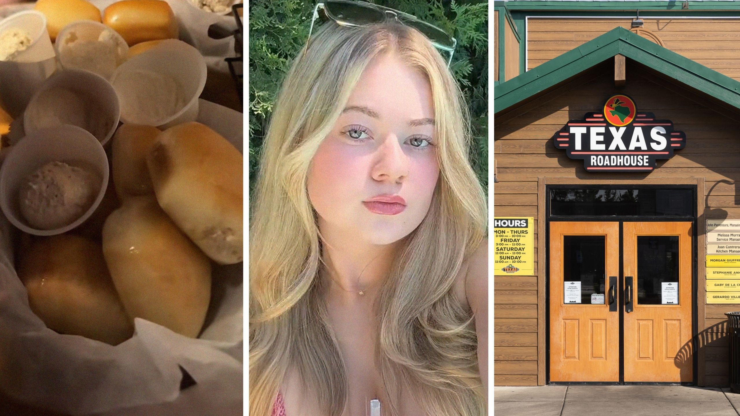 bread rolls (l) woman shares restaurant hack (c) Texas roadhouse entrance (r)