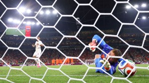 Netherlands goalkeeper watches ball go over the line during World Cup penalty kicks against Morocco
