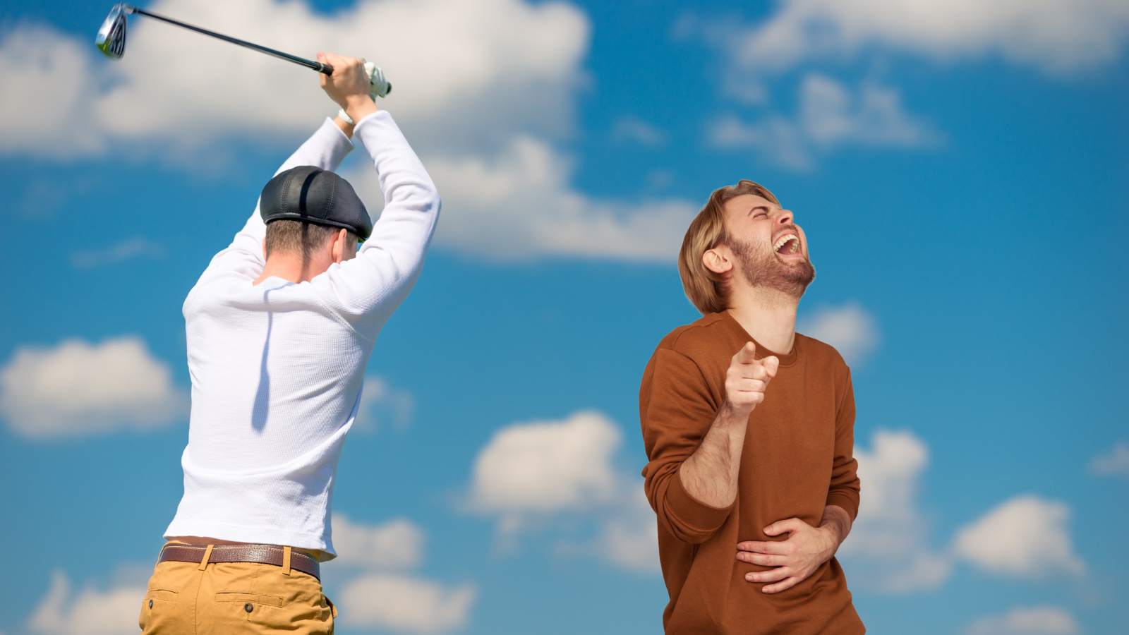 an angry golfer next to a man laughing at him