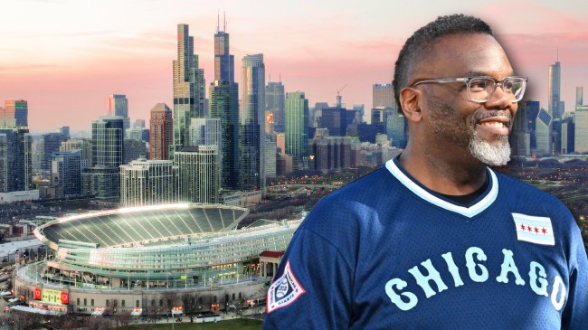 Chicago mayor Brandon Johnson next to Soldier Field