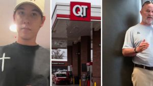 man shares QT issue (l) QT gas station (c) angry man on phone (r)
