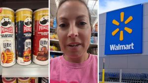 pringles chips (l) woman shares walmart encounter (c) walmart storefront (r)