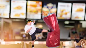 guy kicking soda at a fast food restaurant