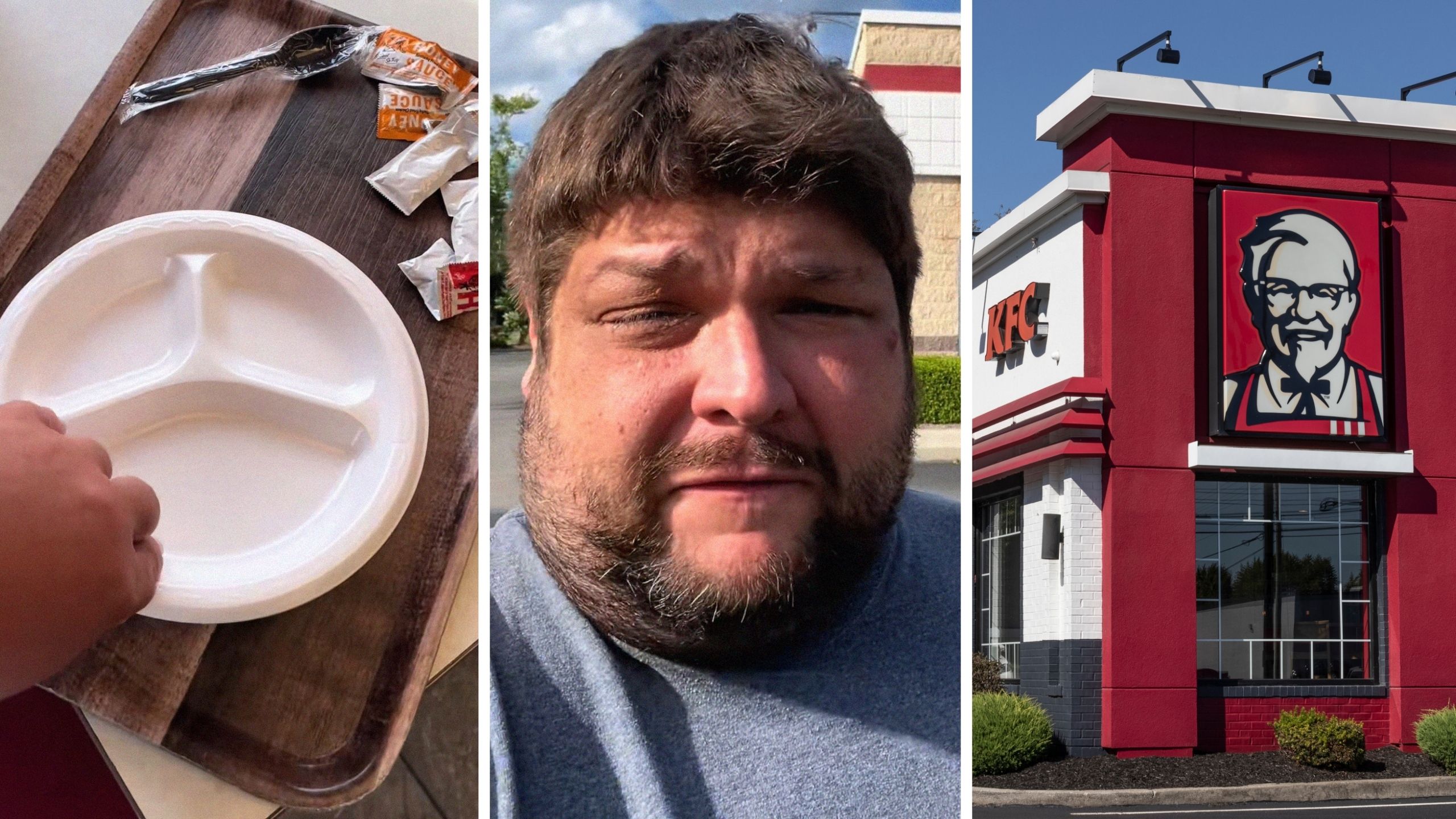 buffet plates (l) man shares kfc encounter (c) KFC entrance (r)