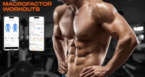 MacroFactor Workouts app next to a man with six pack abs in the gym