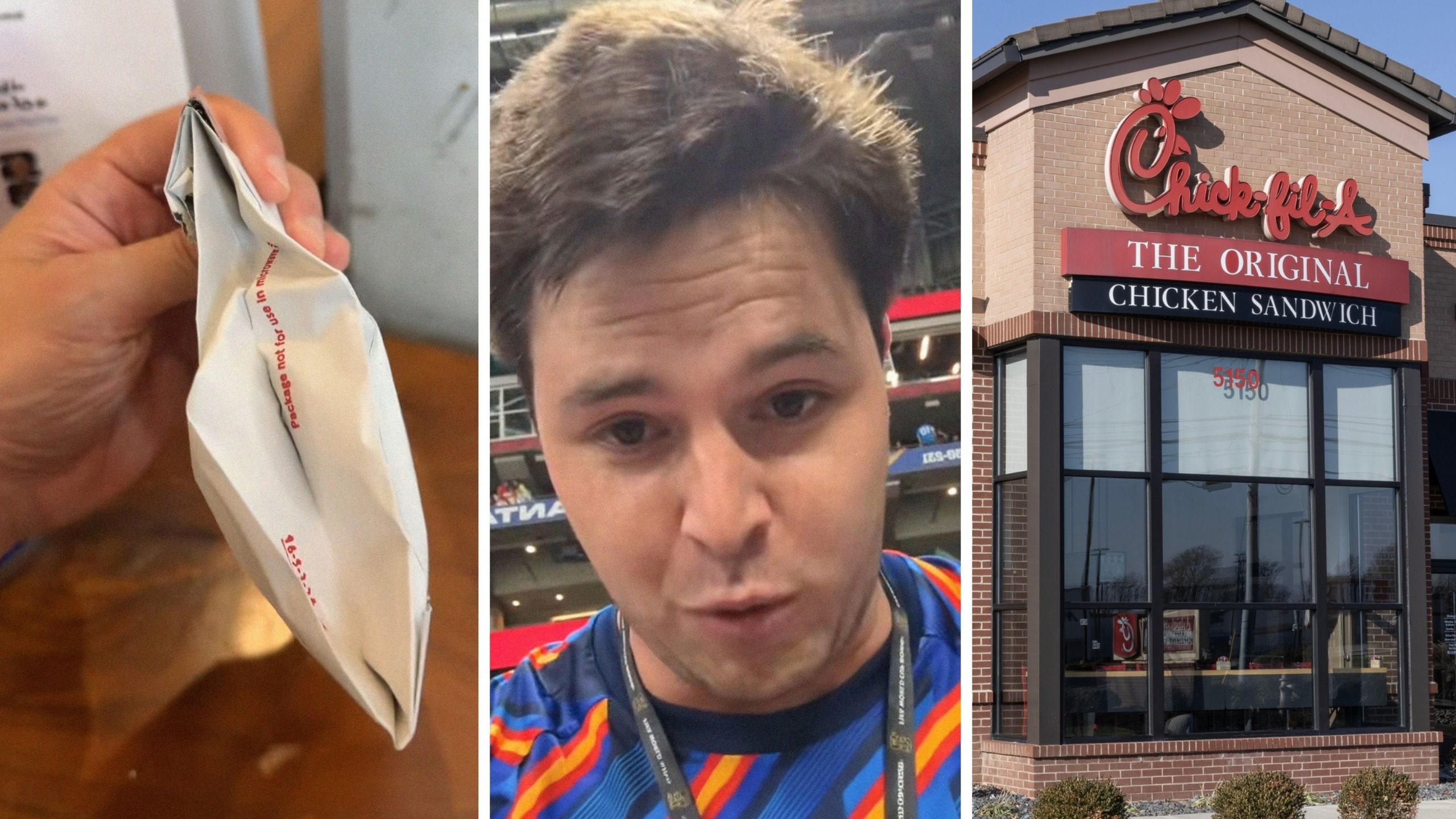 Chick-fil-A sandwich package (l) man shares food purchase at FIFA game (c) Chick-fil-A restaurant (r)