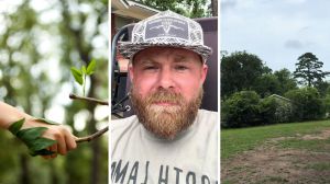 man holding limb (l) man shares creepy backyard encounter (c) trees in the backyard (r)