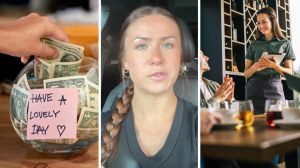tipping jar (l) woman shares customers experience (c) server taking tables order (r)