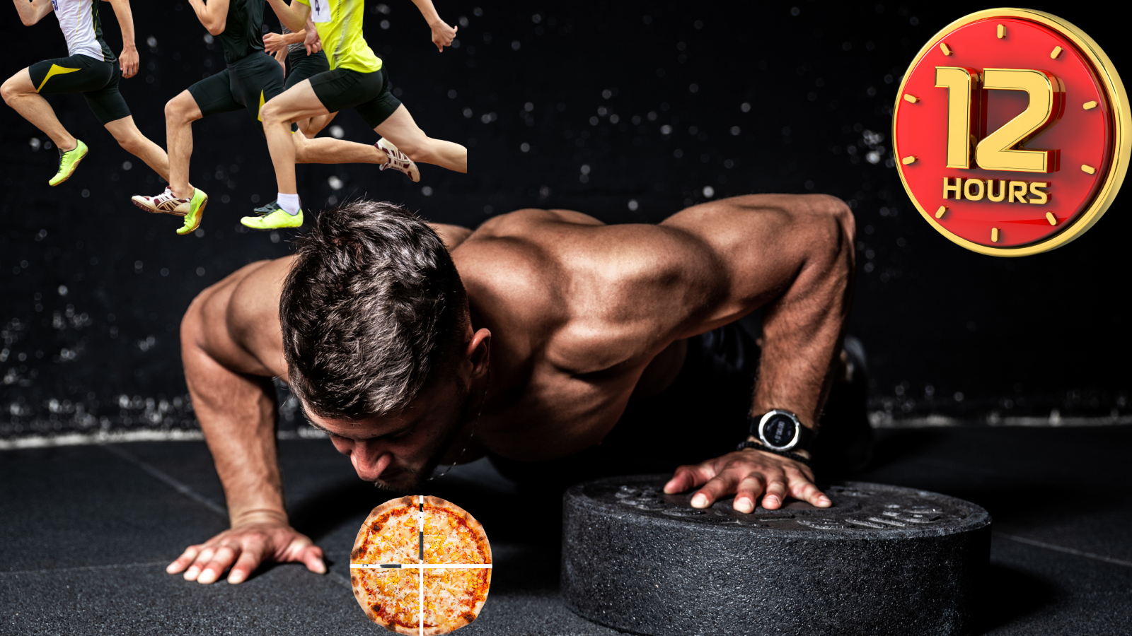image of man doing push-ups, guys running, pizza, and 12 hour clock