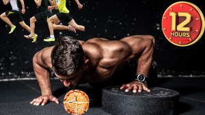 image of man doing push-ups, guys running, pizza, and 12 hour clock