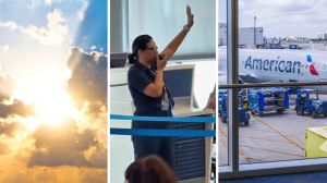 hot sunny weather (l) airlines attendant makes an announcement (c) American Airlines plane (r)