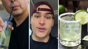 man drinking margaritas (l) man shares skinny margaritas facts (c) Margarita on the rocks (r)