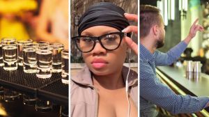 shots at bar (l) woman shares a day in the bar (c) man orders a shot (r)