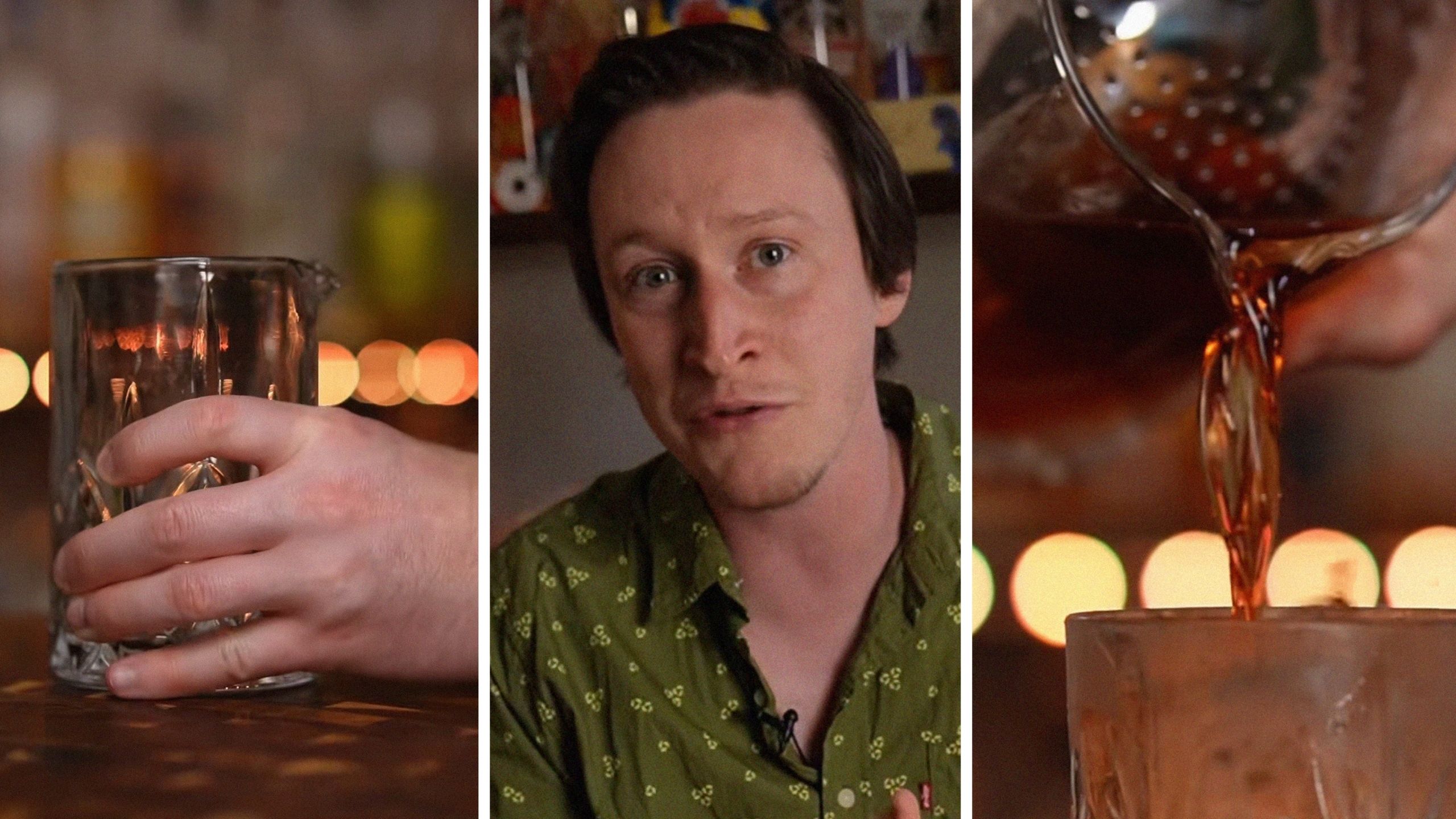 man holding glass (l) Bartender shares drink recipe (c) pouring cocktail into cold glass (r)