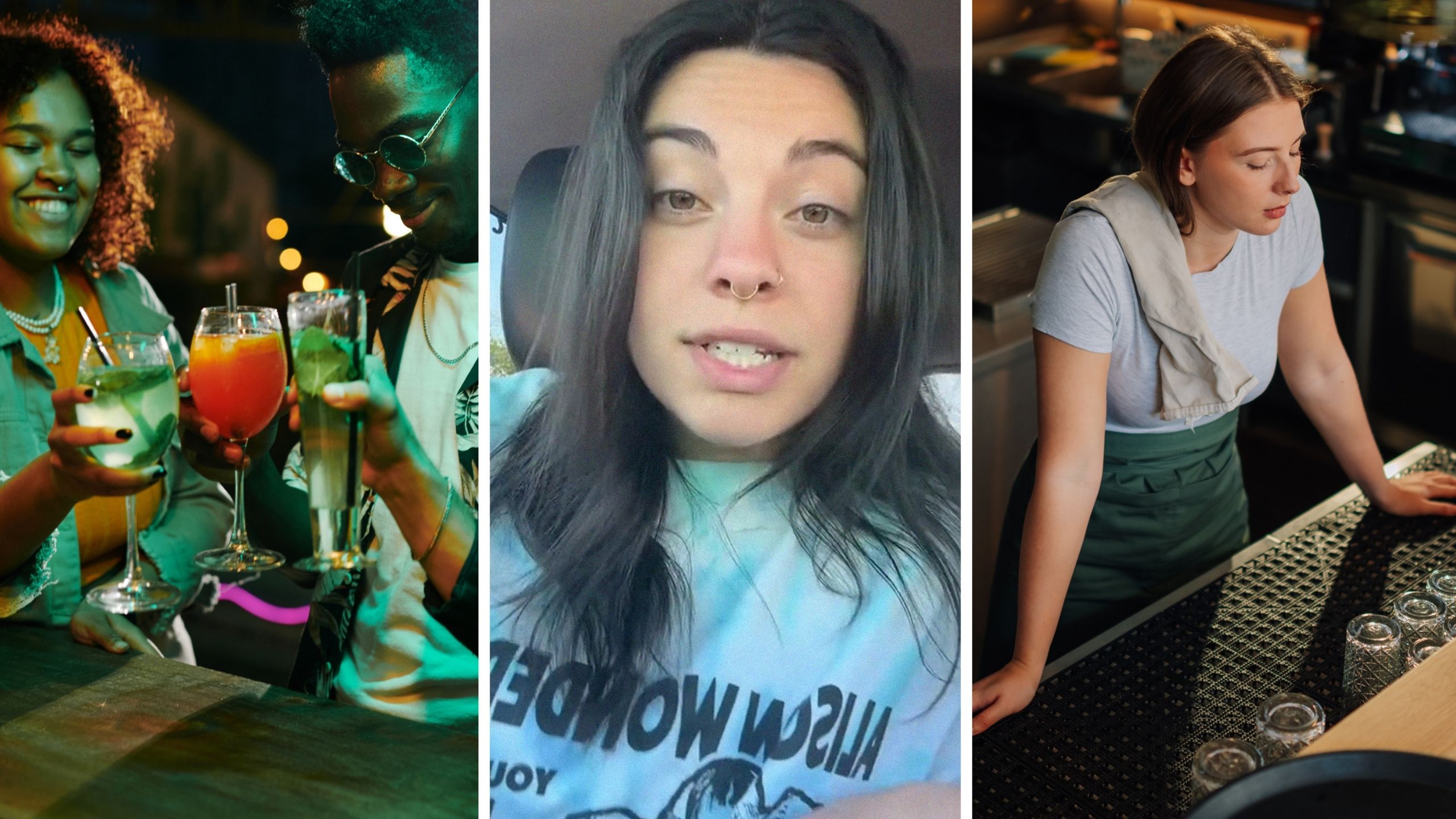 Group of Gen Z at a bar (l) woman shares her biggest customer pet peeve (c) annoyed bartender (r)