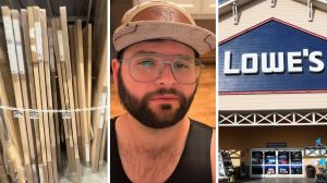 Butcher block (l) man shares lowe's hack (c) Lowe's storefront (r)
