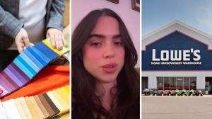 paint colors (l) woman shares lowe's experience (c) Lowe's storefront (r)