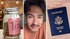 tip jar (l) ex-waiter shares job story (c) passport on table (r)