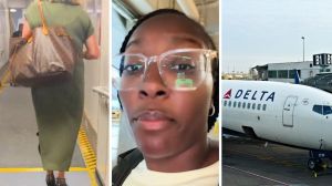 woman boarding into flight (l) woman shares travelling experience (c) Delta aircraft (r)