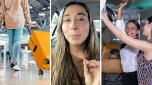 person heading to flight (l) flight attendant shares how she can tell pro flyers (c) woman putting bag in cabin (r)