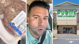 burger patties (l) man shares Publix hack (c) Publix storefront (r)