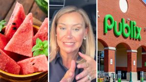 fresh watermelon (l) woman shares publix hack (c) Publix storefront (r)