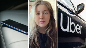 phone on car chair (l) woman shares uber experience (c) Uber car (r)